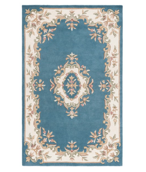 Aubusson Hand-Woven Wool Rug - Classic Floral Blue & Ivory