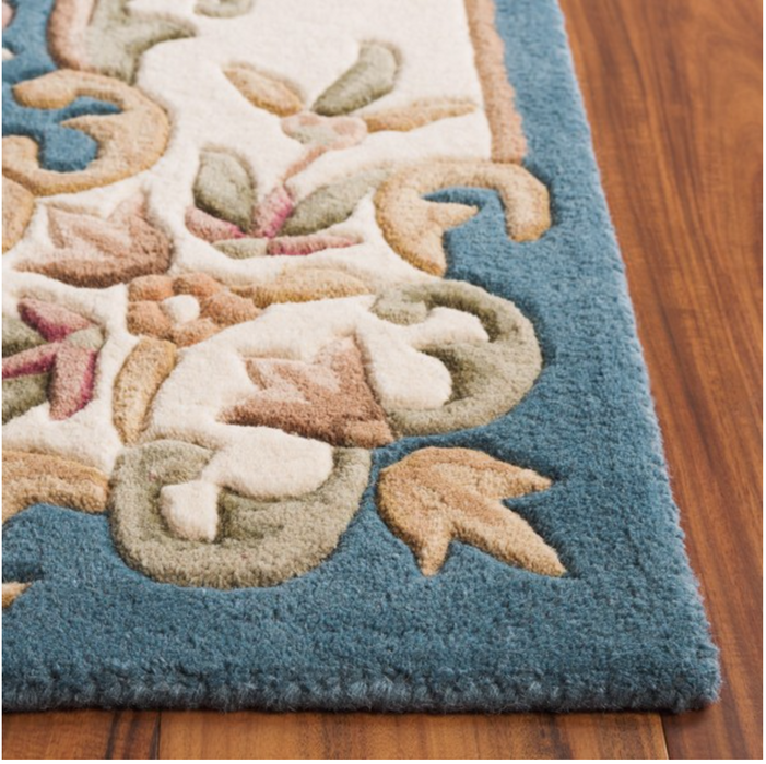 Aubusson Hand-Woven Wool Rug - Classic Floral Blue & Ivory