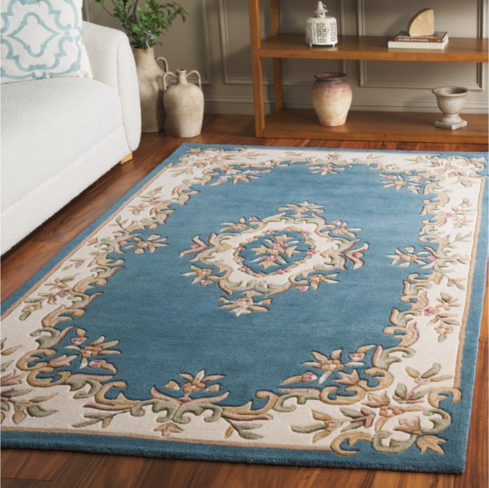 Aubusson Hand-Woven Wool Rug - Classic Floral Blue & Ivory