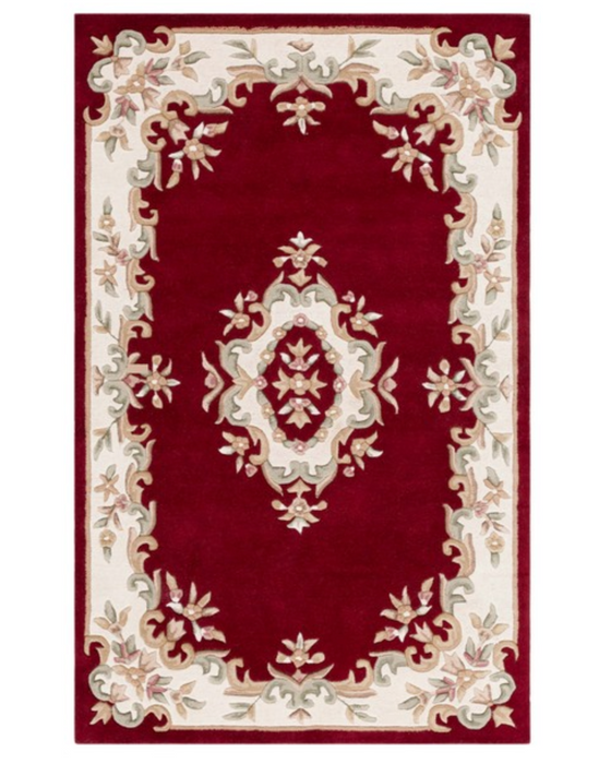 Aubusson Hand-Woven Wool Rug - Traditional Floral Ivory & Red